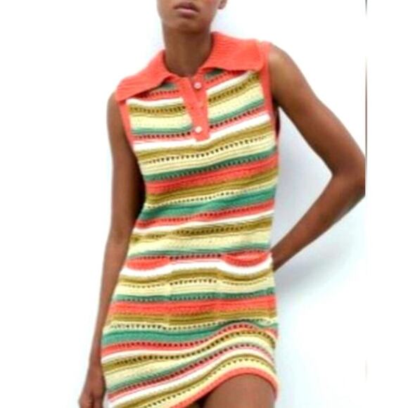 Zara Crochet Knit Dress Sleeveless Collared Colorful Stripes Mini Size Large - Picture 1 of 10